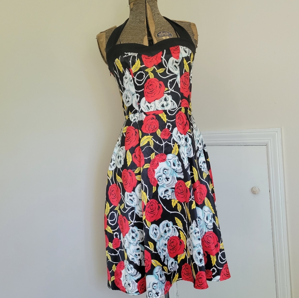 Pinup Skull & Rose Halter Dress